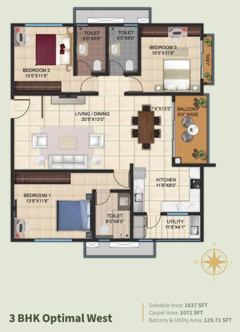 3 BHK Optimal — 1,637 sq.ft Floor Plan